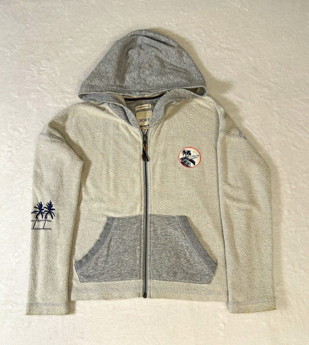 ROXY Women’s Gray Full Zip Hoodie Size XS Embroidered Tropical Nautical Coastal